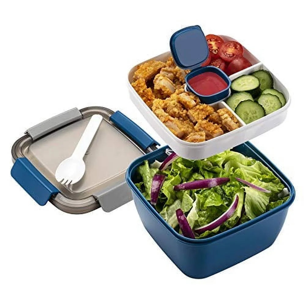 Salad Lunch Container to Go, 52-Oz Salad Bowls with 3 Compartments, Salad Dressings Container for Salad Toppings, Snacks, Men, Women (Blue)