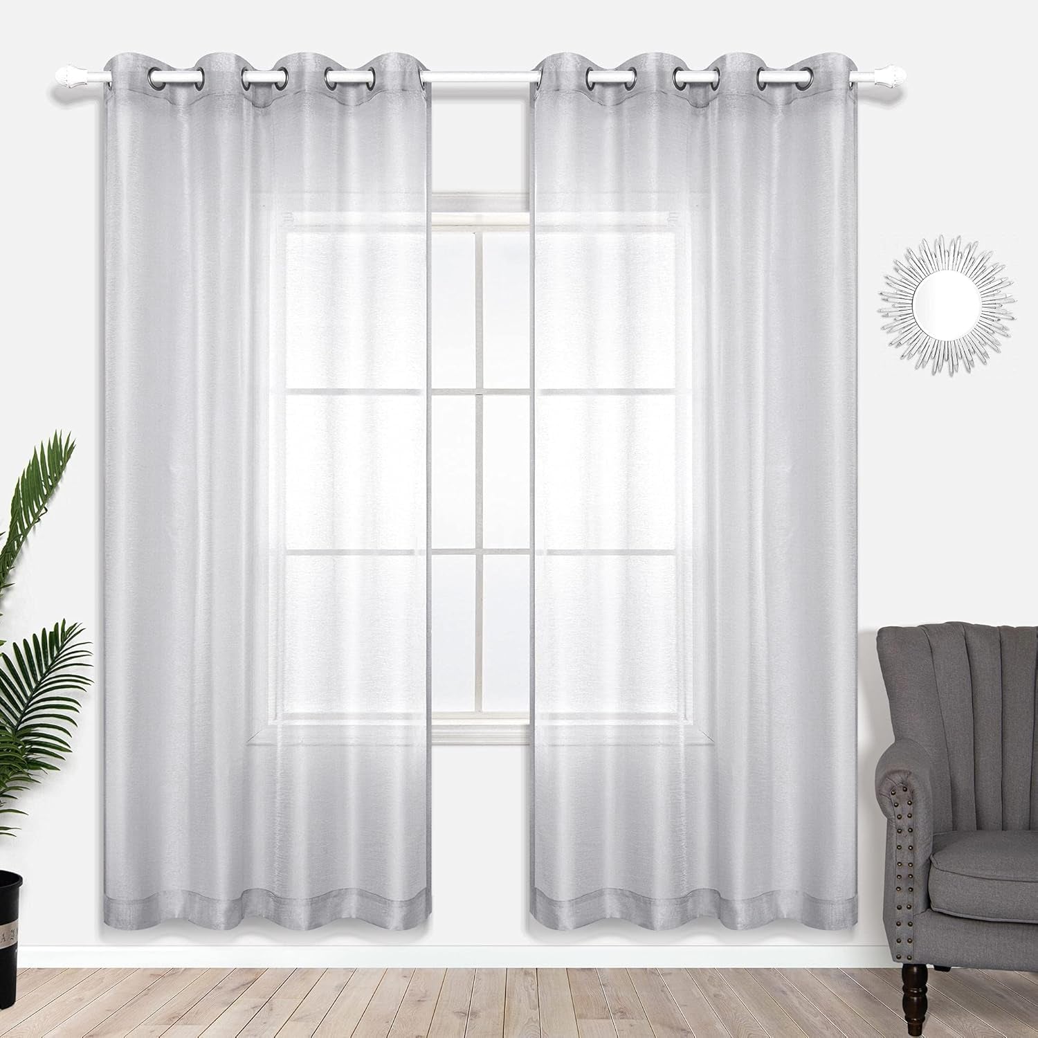 2 Panel Sets Silver Sheer Curtains with Grommet for Living Room Luxury Elegant Light Greyish Silver Curtains for Bedroom Party Backdrop 52 X 84 Inch Length