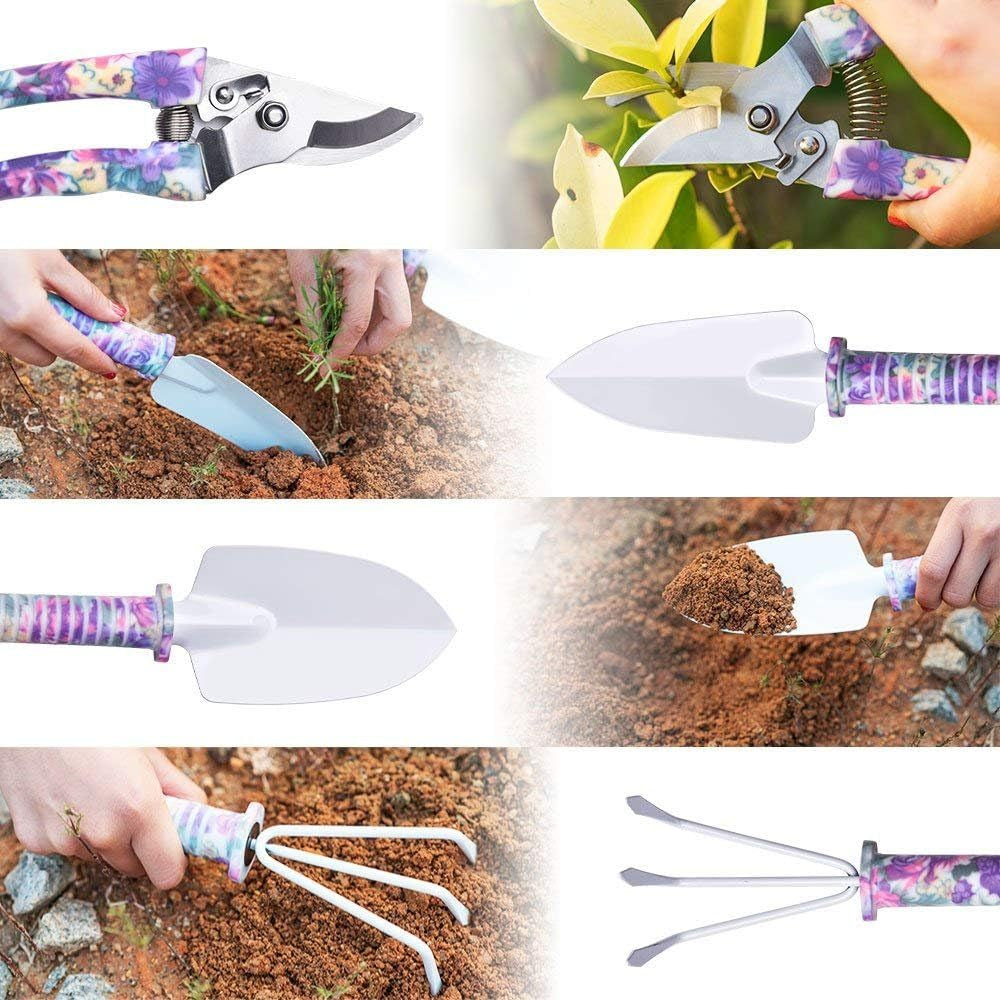 Gardening Tools Set, Unique Gardening Gifts for Women, Gardening Hand Tools with Purple Carrying Case, Gardening Kit for Home Gardening Flowers Potted Trim Loosing Planting Tools (5PCS)