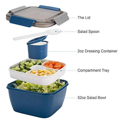 Salad Lunch Container to Go, 52-Oz Salad Bowls with 3 Compartments, Salad Dressings Container for Salad Toppings, Snacks, Men, Women (Blue)