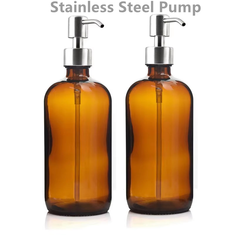 Amber Glass Soap Dispenser, Kitchen Bathroom Hand Dish Soap Dispenser Set with Rustproof Stainless Steel Pump, 2Pcs, 16 Oz 500Ml