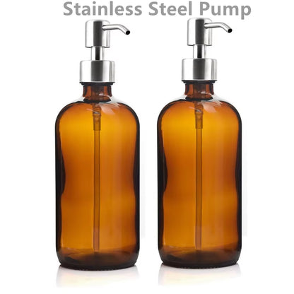 Amber Glass Soap Dispenser, Kitchen Bathroom Hand Dish Soap Dispenser Set with Rustproof Stainless Steel Pump, 2Pcs, 16 Oz 500Ml