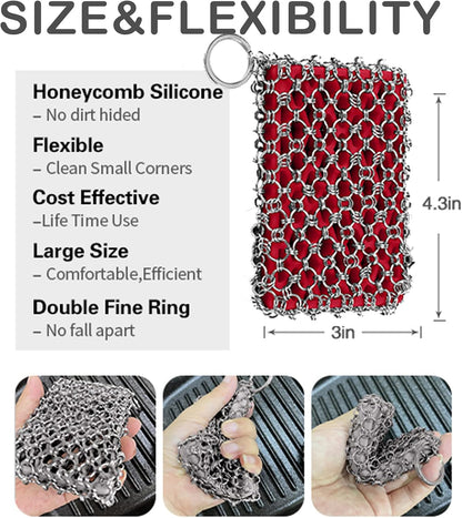 Cast Iron Skillet Cleaner, Upgraded Chainmail Scrubber Chain Scrub for Cast Iron Pan 316 Stainless Steel Metal Scraper Brush for Cast Iron Wok Accessories Cleaning Sponge Tool Kit Cloth Set(Red)