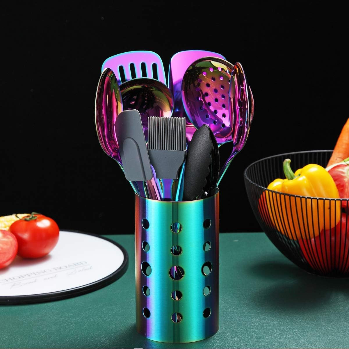 Rainbow Kitchen Utensils Set,13 Pieces Stainless Steel Cooking Utensils Set with Titanium Rainbow Plating,Kitchen Tools Set with Utensil Holder for Non-Stick Cookware Dishwasher Safe (13 Packs)