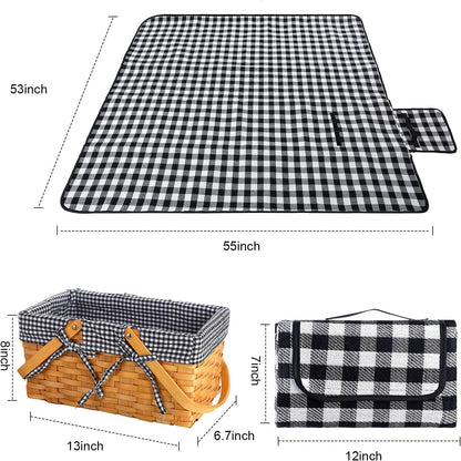 Picnic Basket Natural Woven Woodchip Basket with Double Folding Handles with Gingham Fabric, Picnic Blanket Handy Picnic Mat for Easter Camping on Grass Supplies (Black and White Grid)