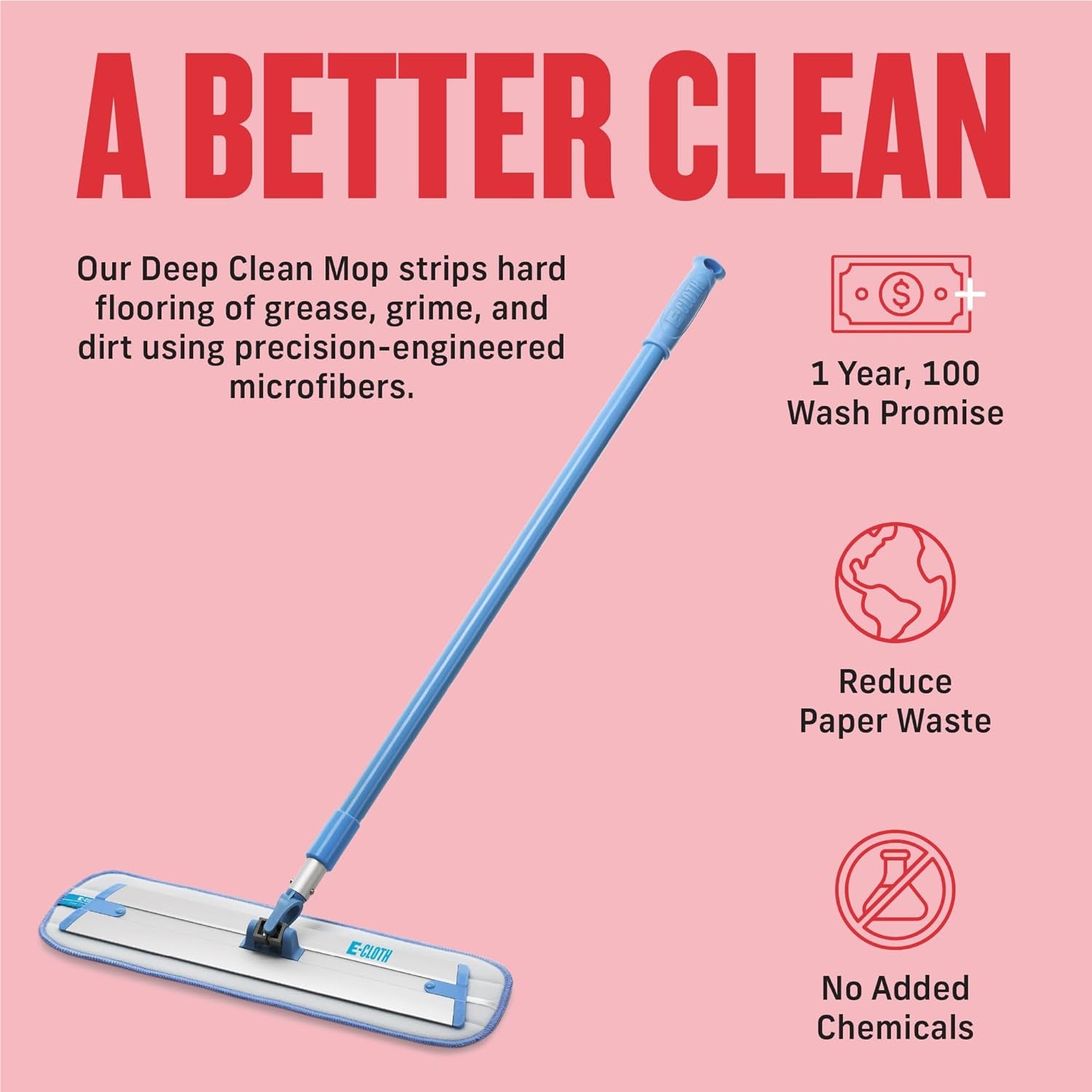 Deep Clean Mop, Microfiber Mop, Perfect Floor Cleaner for Hardwood, Laminate, Tile and Stone Flooring, Washable and Reusable, 100 Wash Promise