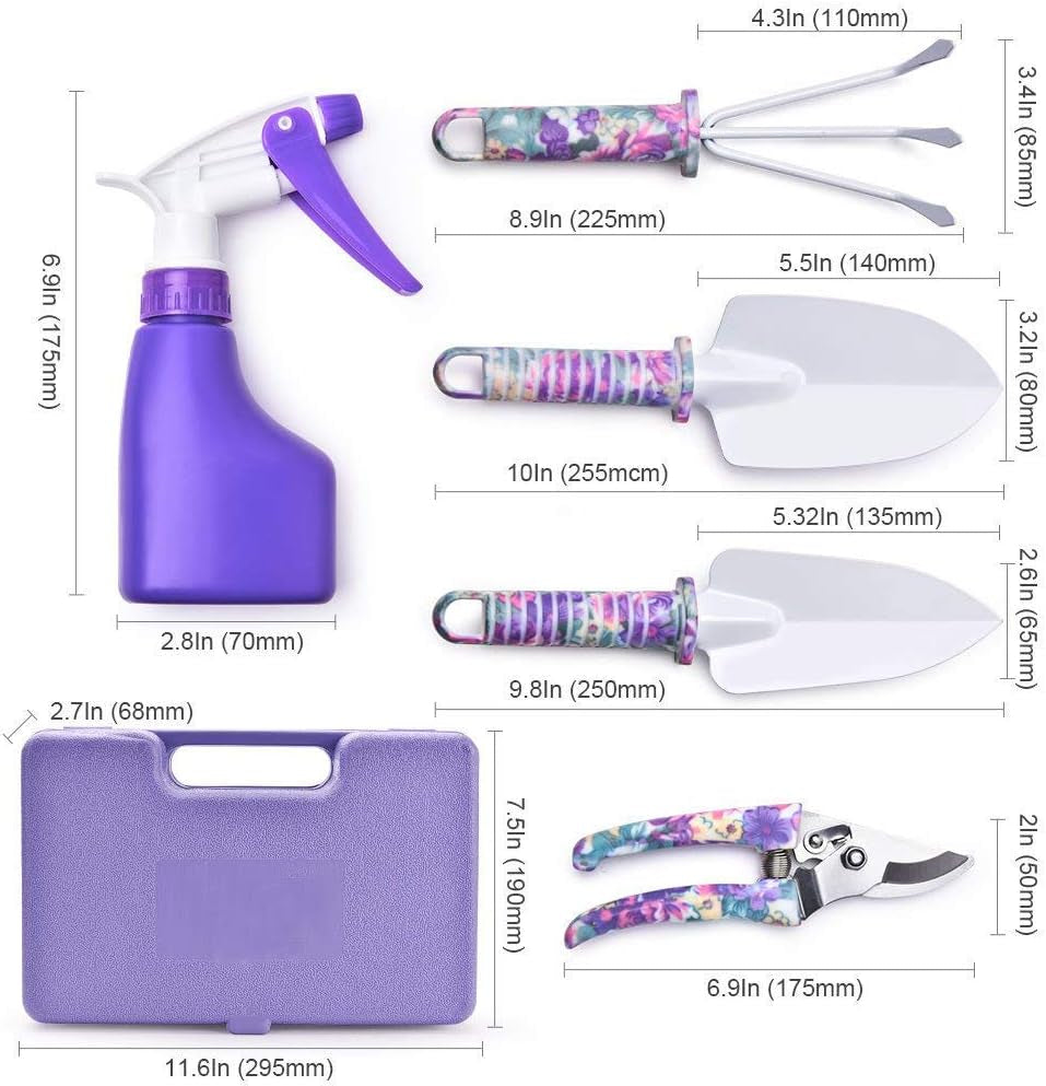 Gardening Tools Set, Unique Gardening Gifts for Women, Gardening Hand Tools with Purple Carrying Case, Gardening Kit for Home Gardening Flowers Potted Trim Loosing Planting Tools (5PCS)