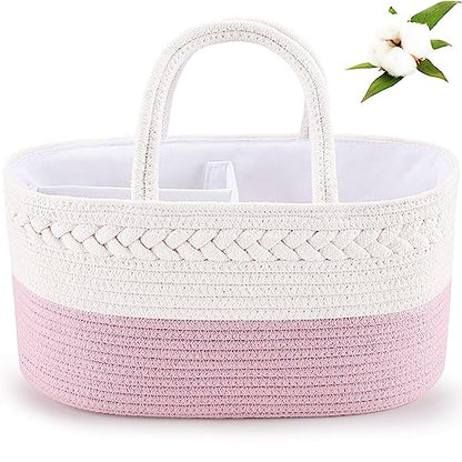 Baby Diaper Caddy, Nursery Storage Bin and Car Organizer for Diapers and Baby Wipes, Cotton Rope Diaper Basket Caddy, Changing Table Diaper Storage Caddy Baby Gift Baskets -Pink