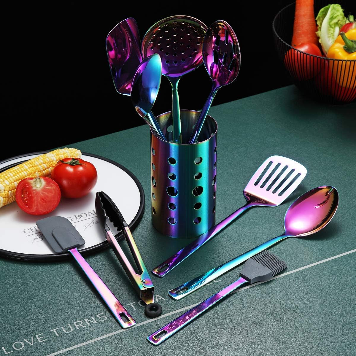 Rainbow Kitchen Utensils Set,13 Pieces Stainless Steel Cooking Utensils Set with Titanium Rainbow Plating,Kitchen Tools Set with Utensil Holder for Non-Stick Cookware Dishwasher Safe (13 Packs)