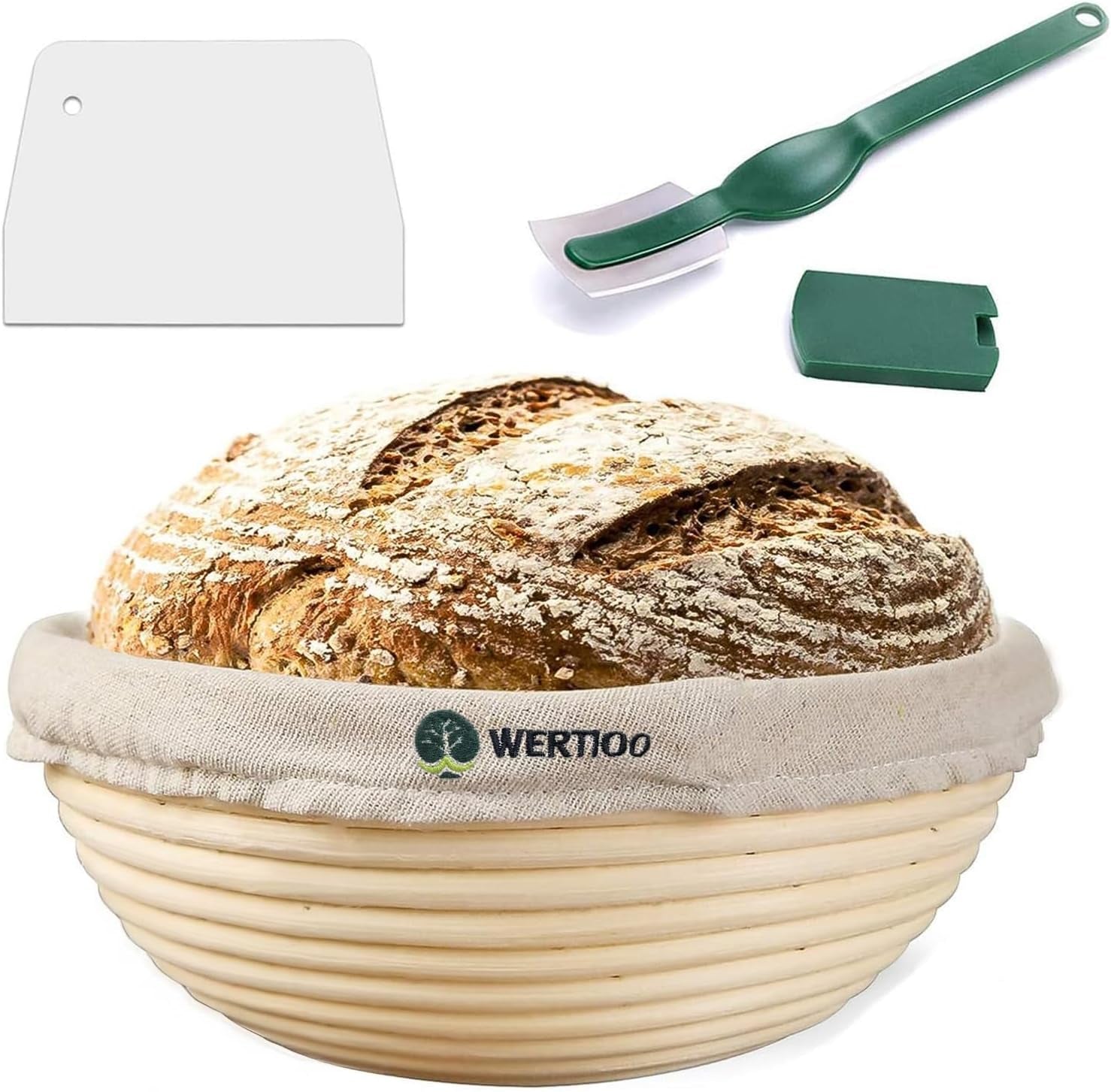 9 Inch Proofing Basket, Banneton Bread Proofing Basket + Bread Lame +Dough Scraper+ Linen Liner Cloth Sourdough Bread Baking Supplies