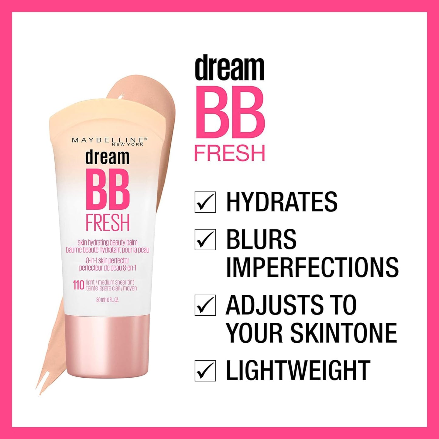 Dream Fresh Skin Hydrating BB Cream, 8-In-1 Skin Perfecting Beauty Balm with Broad Spectrum SPF 30, Sheer Tint Coverage, Oil-Free, Light/Medium, 1 Fl Oz