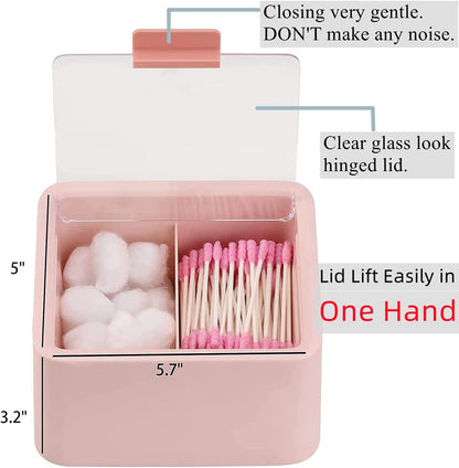 Qtips Storage Organizer - 2 Grids Separate Cotton Swabs Dispenser Qtips Holder Bathroom Canisters with Hinged Lids for Cotton Balls, Cotton Pads, Pink