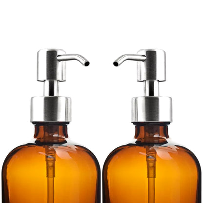 Amber Glass Soap Dispenser, Kitchen Bathroom Hand Dish Soap Dispenser Set with Rustproof Stainless Steel Pump, 2Pcs, 16 Oz 500Ml