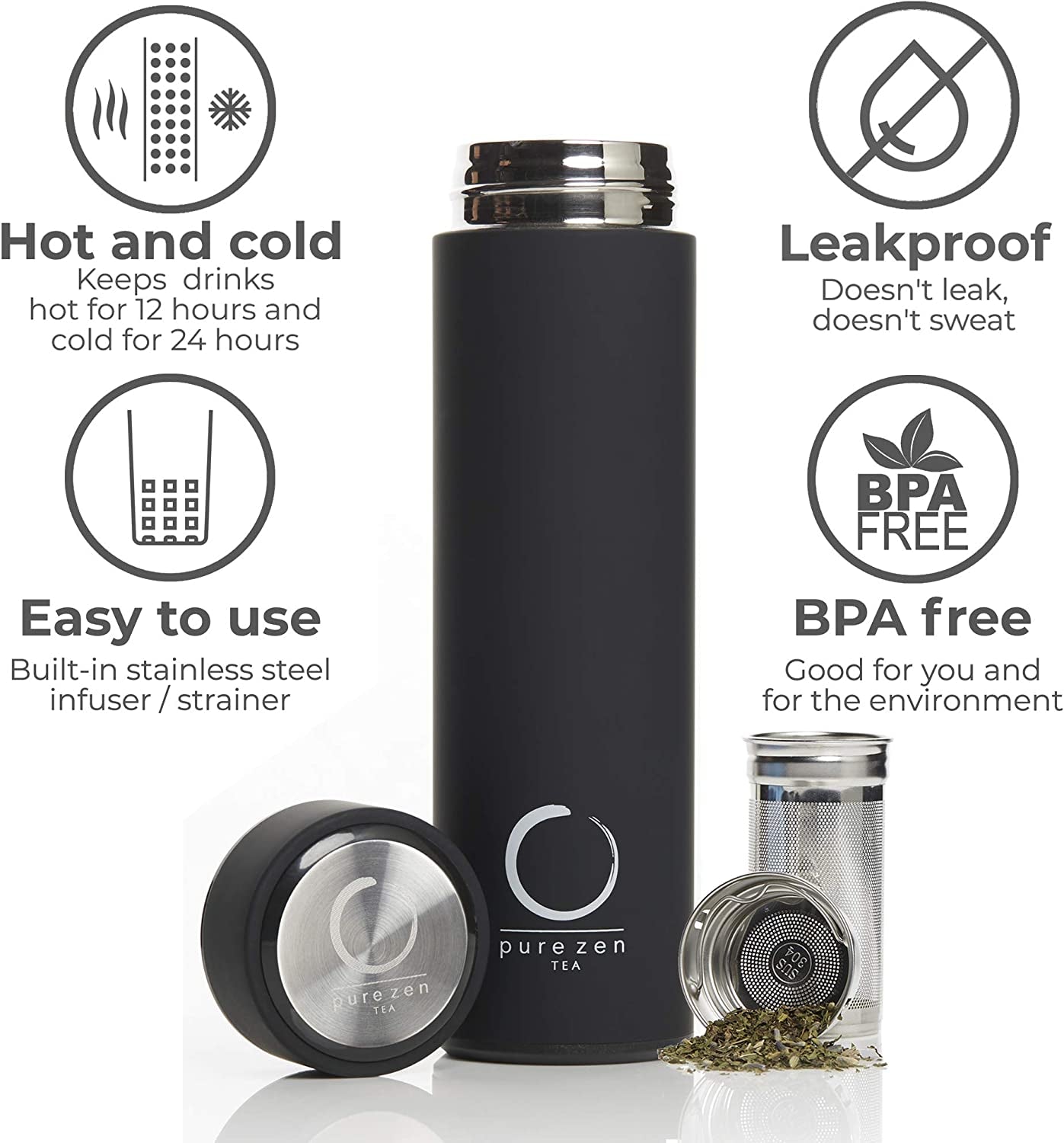 Thermos with Infuser - Stainless Steel Insulated Tea Infuser Tumbler for Loose Leaf Tea, Iced Coffee and Fruit-Infused Water - Leakproof Tea Tumbler with Infuser - 15Oz - Black