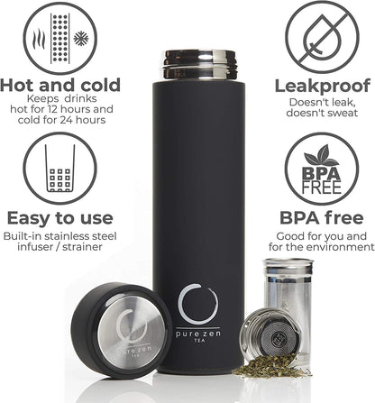 Thermos with Infuser - Stainless Steel Insulated Tea Infuser Tumbler for Loose Leaf Tea, Iced Coffee and Fruit-Infused Water - Leakproof Tea Tumbler with Infuser - 15Oz - Black