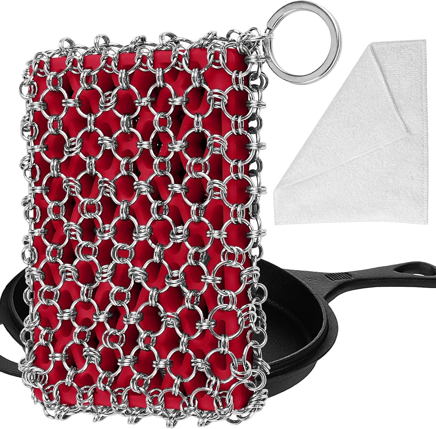 Cast Iron Skillet Cleaner, Upgraded Chainmail Scrubber Chain Scrub for Cast Iron Pan 316 Stainless Steel Metal Scraper Brush for Cast Iron Wok Accessories Cleaning Sponge Tool Kit Cloth Set(Red)