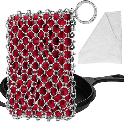 Cast Iron Skillet Cleaner, Upgraded Chainmail Scrubber Chain Scrub for Cast Iron Pan 316 Stainless Steel Metal Scraper Brush for Cast Iron Wok Accessories Cleaning Sponge Tool Kit Cloth Set(Red)