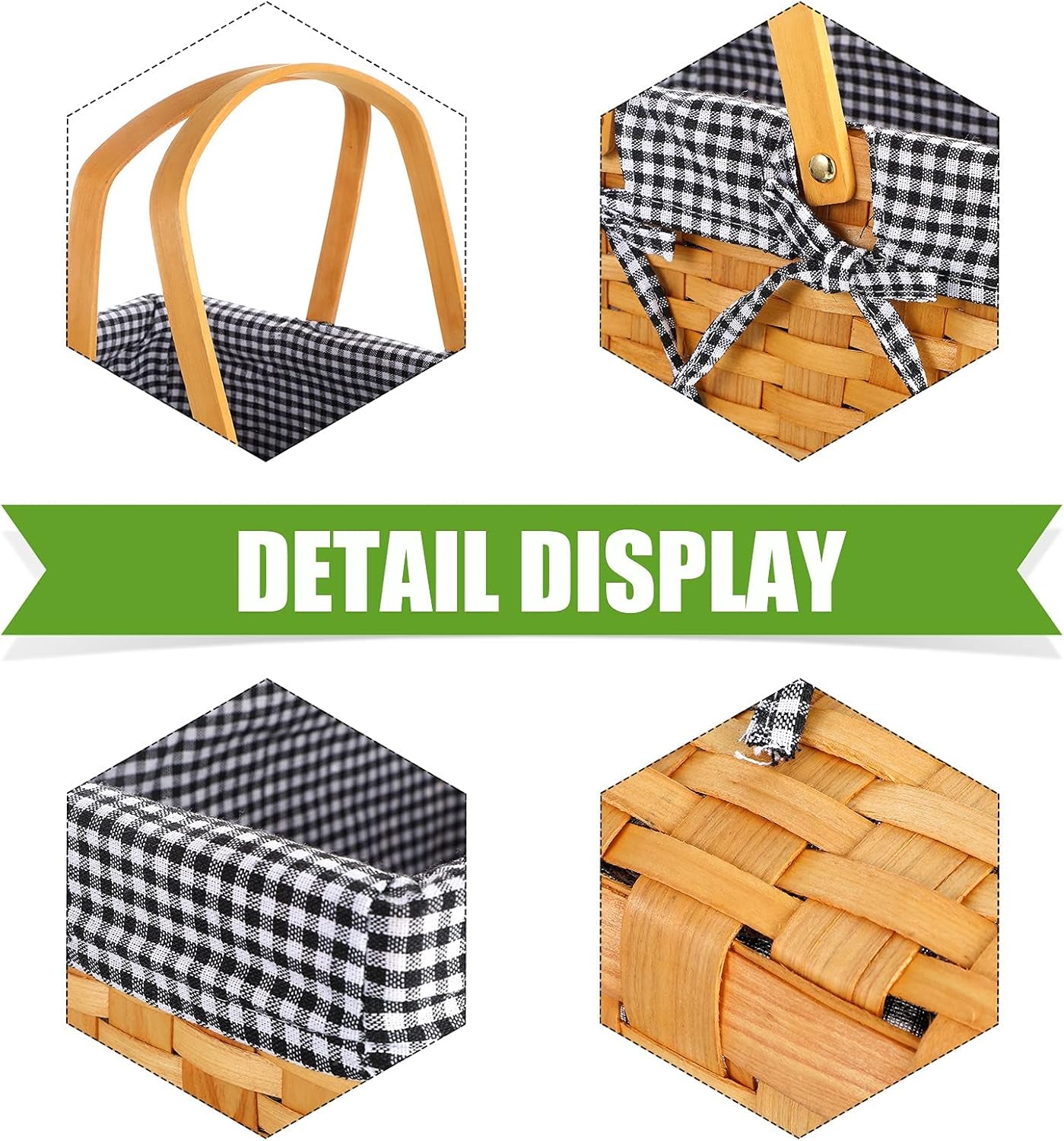 Picnic Basket Natural Woven Woodchip Basket with Double Folding Handles with Gingham Fabric, Picnic Blanket Handy Picnic Mat for Easter Camping on Grass Supplies (Black and White Grid)